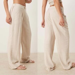 ASOS DESIGN pleat front tapered pants with linen in stone